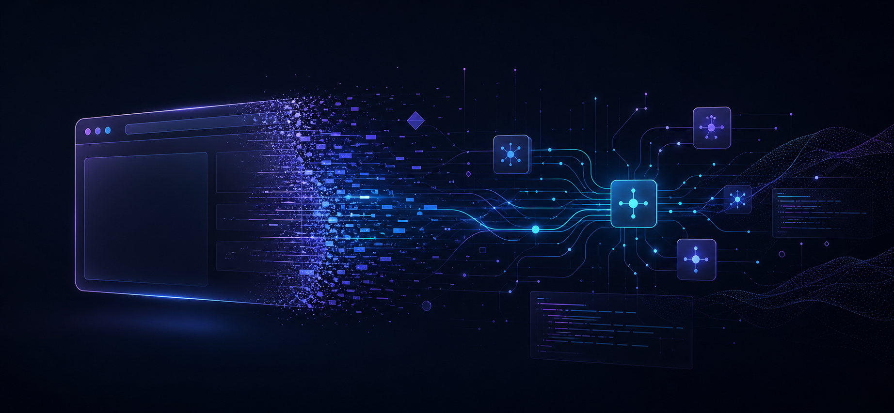 Abstract browser window dissolving into API nodes for OpenAI Atlas migration